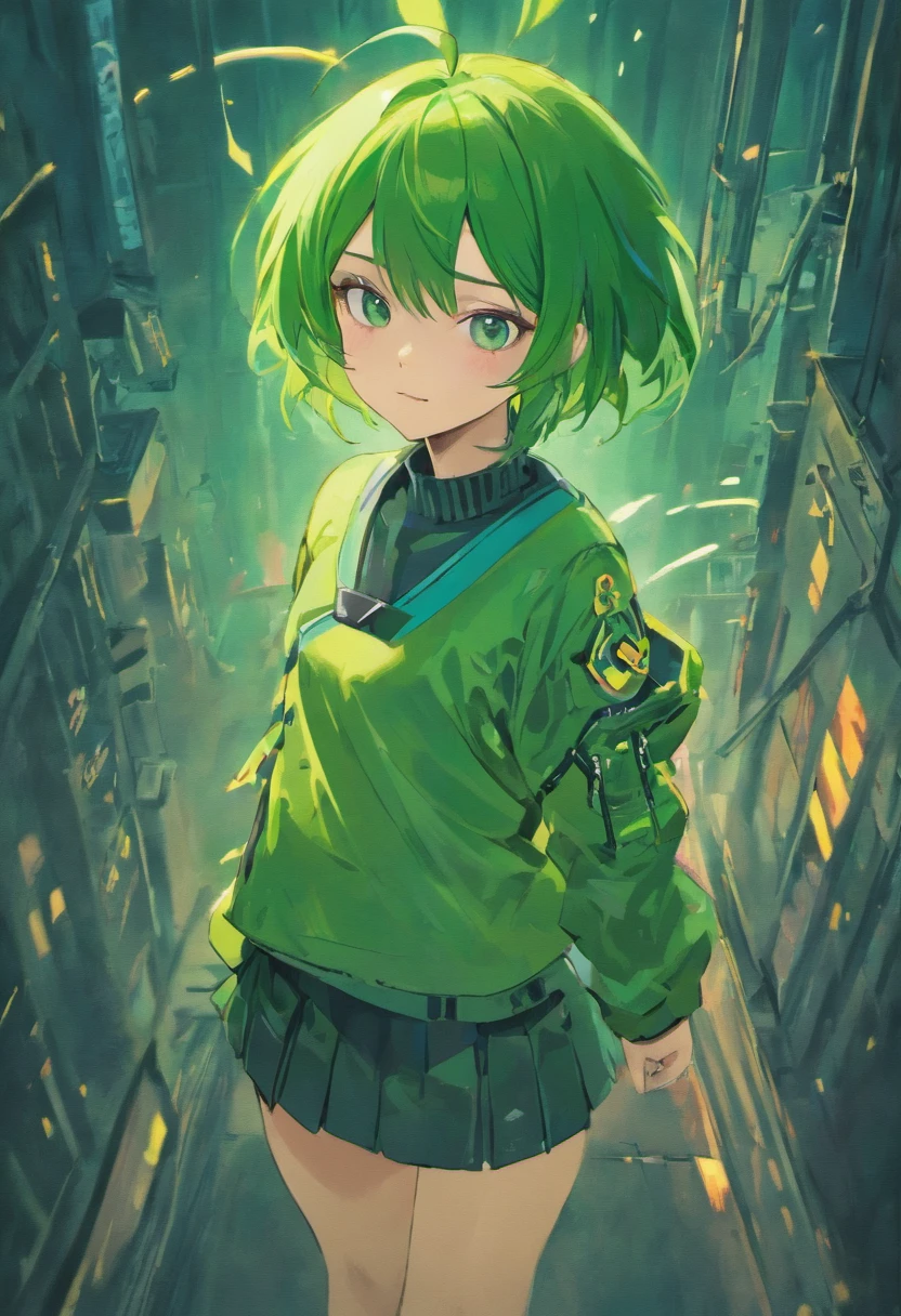 2090 image style, young woman, short hair, green hair with blue highlights, realistic style, cleavage, biomechanical style, sword in hand, smile on face, Cyberpunk girl, long straight hair, beautiful Latina, full body, hyper realistic, cinematic, HR Giger style, wonderful eyes