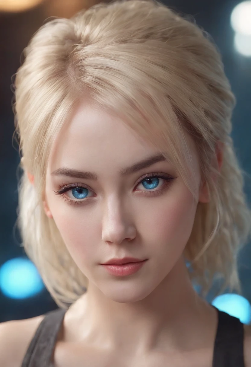 woman, Mixed Chinese and American races,Realistic character,coiffed blonde hair, Blue eyes, anime big breast, Alone, modern, Cyberpunk