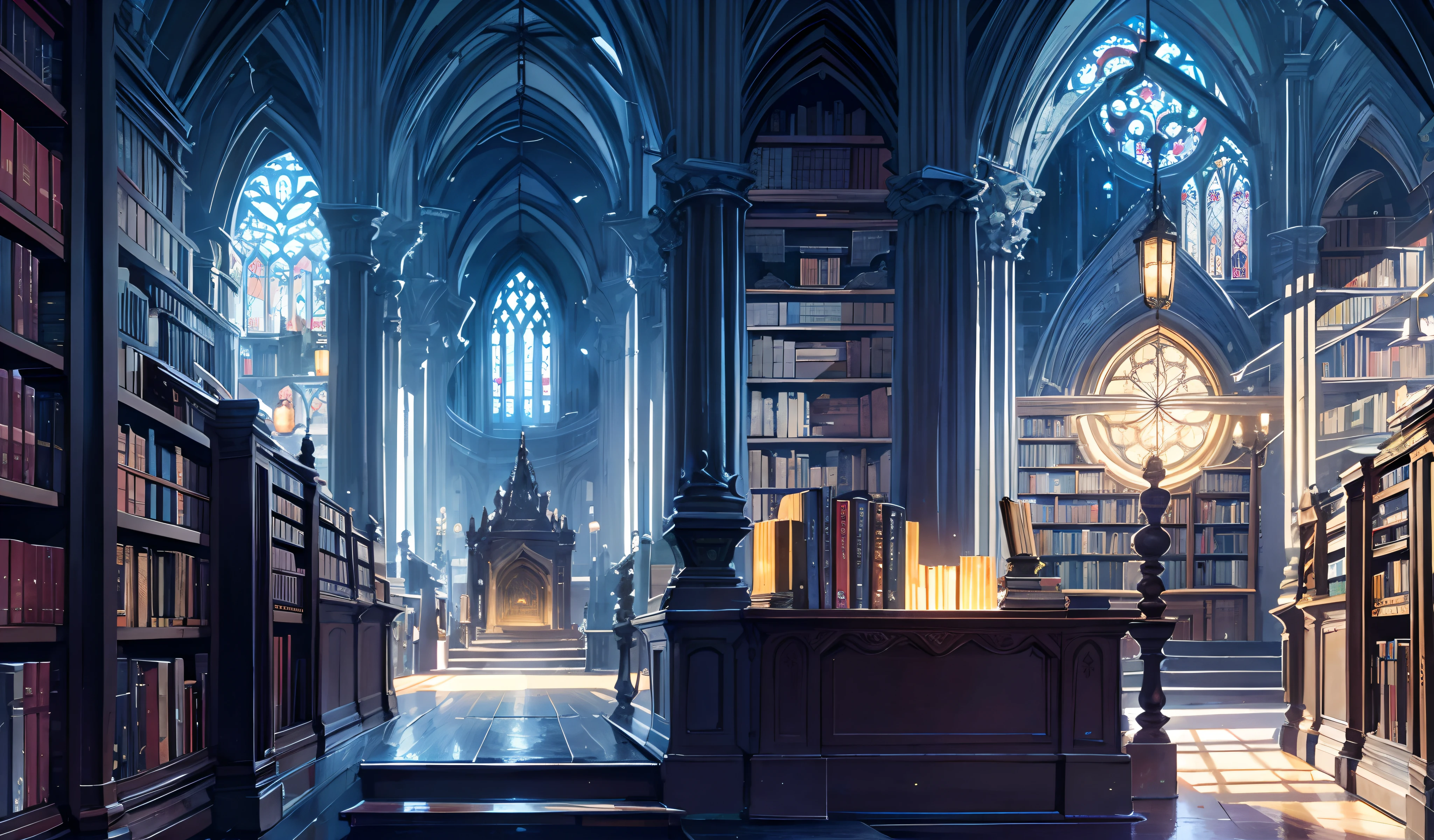 Enchanted Library, Grand, cathedral-like architecture with towering bookshelves, Sunlight streaming through stained glass windows, casting vibrant colors, Shelves filled with ancient, leather-bound tomes and magical artifacts, Floating orbs of light illuminating the space, giving it a mystical ambiance, Whispers of ancient knowledge and the scent of old parchment in the air, visual novel background, anime concept art, masterpiece, computer wallpaper, 8k, detailed