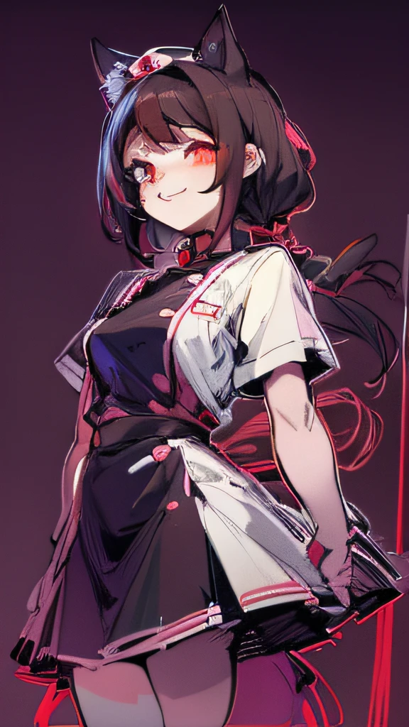 tmasterpiece, Need, bit girl，dual horsetail，cat ear，Nurse's uniform，a skirt，Sinister smile，Thick lines