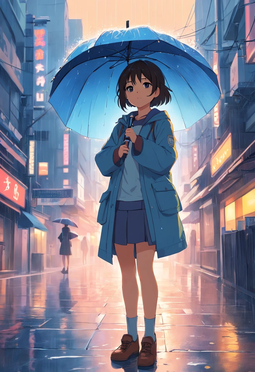 a sticker，vectorial，On a rainy day, a little girl of seven or eight years old does not have an umbrella，It can only be draped over the head with paper skin，Clothes are slightly damp