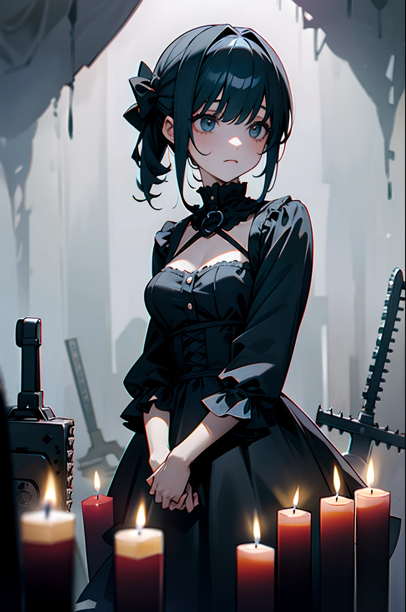 Girl with a Chainsaw、Wearing a Gothic dress、Leatherface、Surrounded by candles