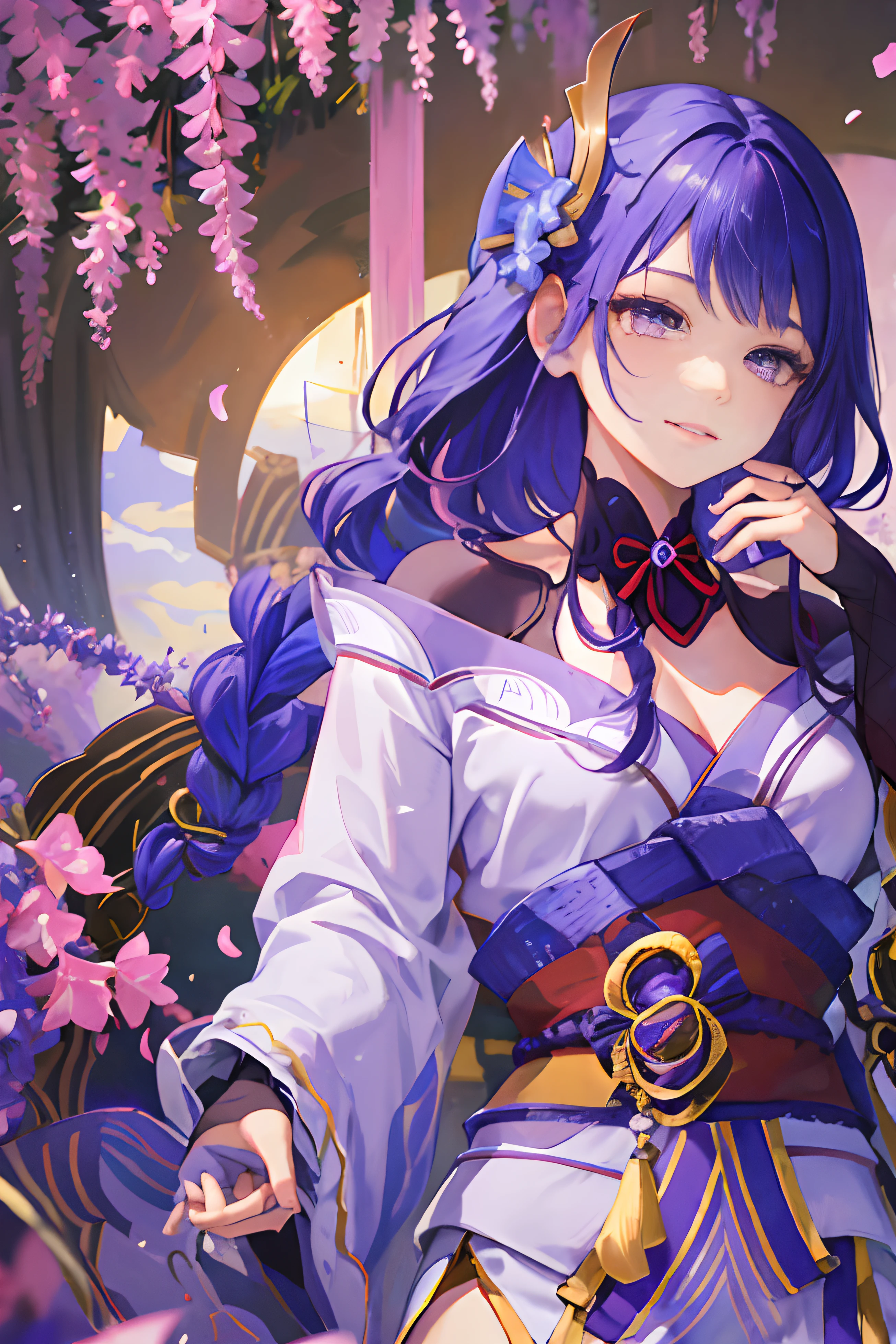 Anime girl with long purple hair and blue eyes standing in front of a ...