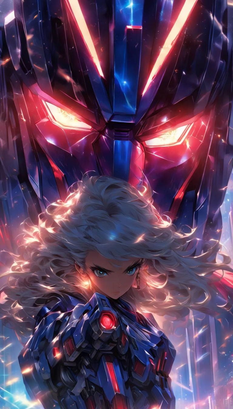 White hair, Very long hair, pupils sparkling, V-shaped eyebrows, V-shaped eyebrows, Reflectors, symetry, projected inset, column lineup, surrealism, futurism, hyper photorealism, Anime style, raised fist, Cinematic lighting, god light, hyper HD, retinas, Masterpiece, ccurate, Anatomically correct, Textured skin, Super detail, High details, High quality, Award-Awarded, Best quality, 8K
(A female future female warrior standing in front of Mecha Optimus Prime), (Mecha Optimus Prime: 1.37), album cover concept art, jessica rossier fantasy art, In the style of Bibull, The aura is infinite
background: In red and green galaxies