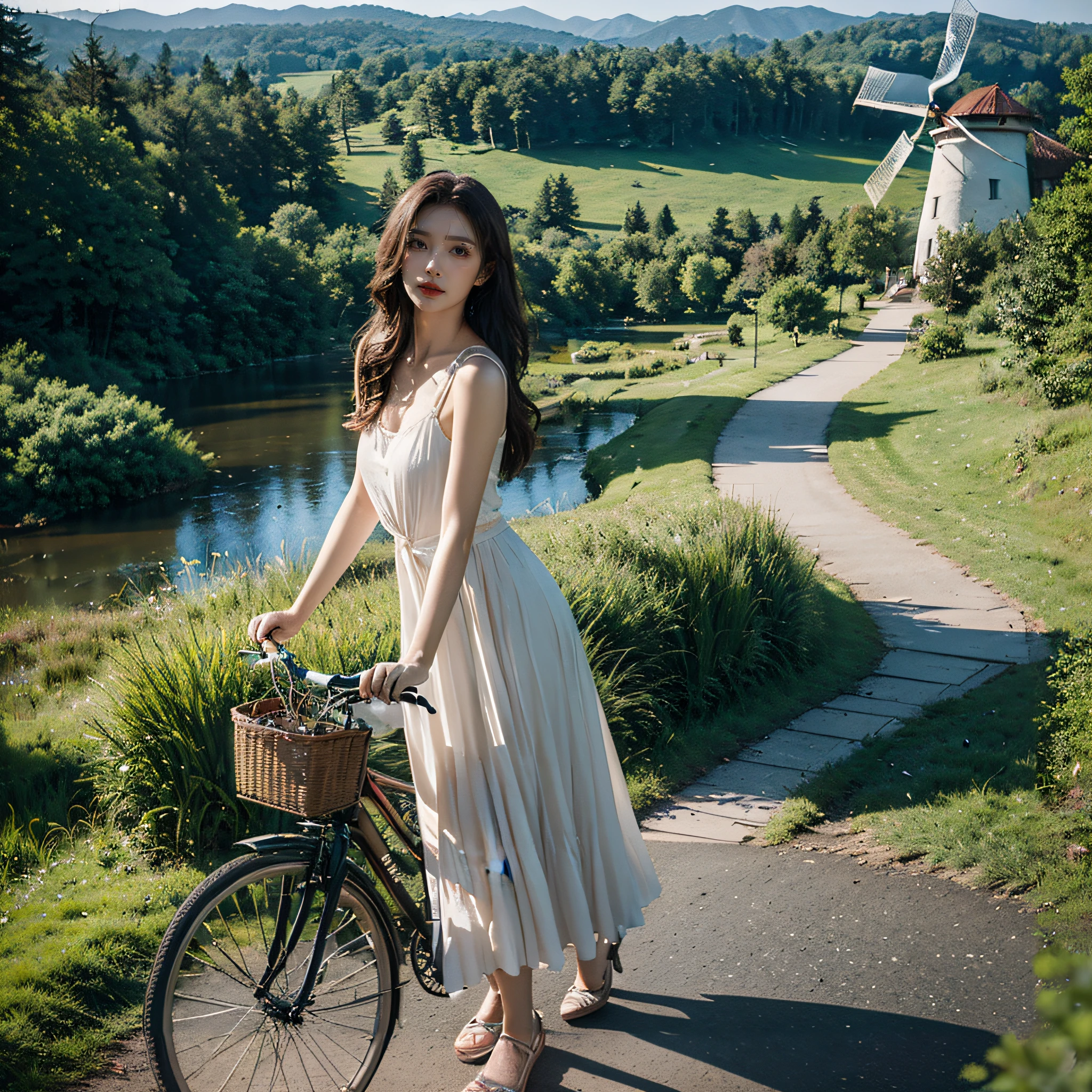 Arad woman in dress standing next to a bicycle on a path, Photo taken with Nikon D750, Photo taken with Nikon D 7 5 0, bikes, In the countryside, floating dress, Photo taken with Sony A7R, Summer evening, bicycle in background, bae suzy, Romantic dress, summer morning, Women's long skirt, Shot