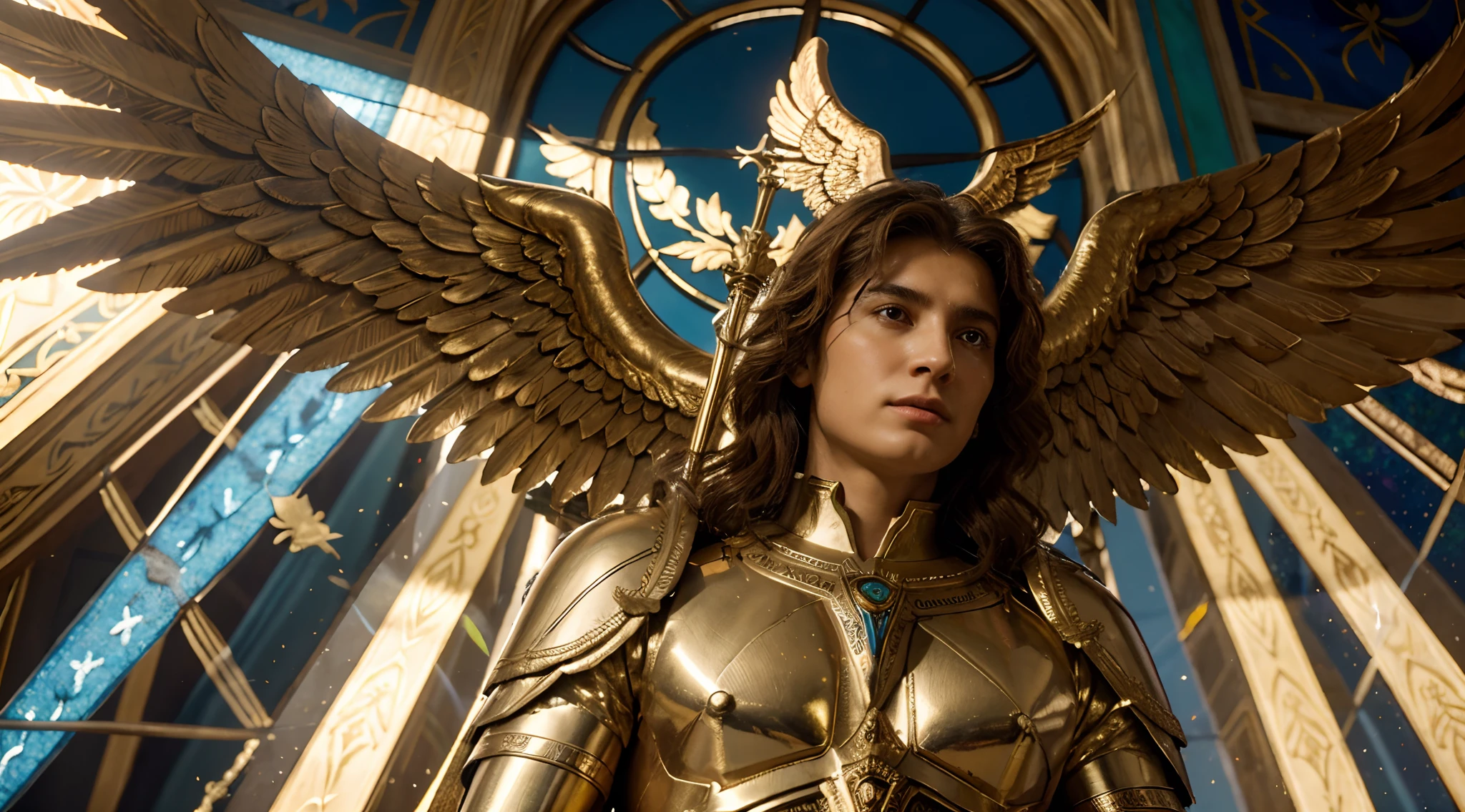Descreva em detalhes uma imagem 4K da Arcanjo St. Michael. Paint a vivid scene with words, highlighting the distinctive features of the Archangel, suas vestimentas, sua postura imponente e o ambiente celestial ao seu redor. Enhance the aura of strength, Courage and protection he radiates. Include symbolic elements that represent the Holy Archangel. O papel de Miguel como guerreiro divino e protetor espiritual. Use rich descriptive language to capture the majesty and divine presence of this depiction of the Holy Archangel. Michael em 4K