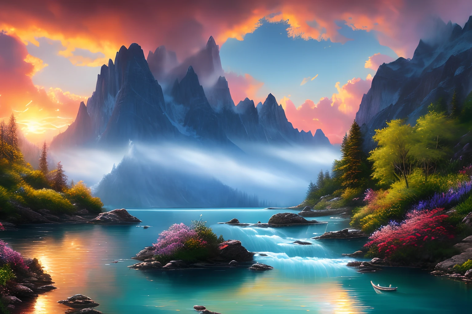 Earth's interior landscape, Cobalt blue crystal blue sea, small boat,florals, Water boats, crystal clear water, the sunset, ,(Highly detailed CG unit 8k wallpaper), The most beautiful work of art in the world, Professional majestic oil painting, 复杂, High detail, foco nítido, dramatic, The art of realist painting,The mysteries of mountain creeks are shown. Use vibrant, Exaggerated colors to highlight the illustration. The characters are rich in detail,Expressive