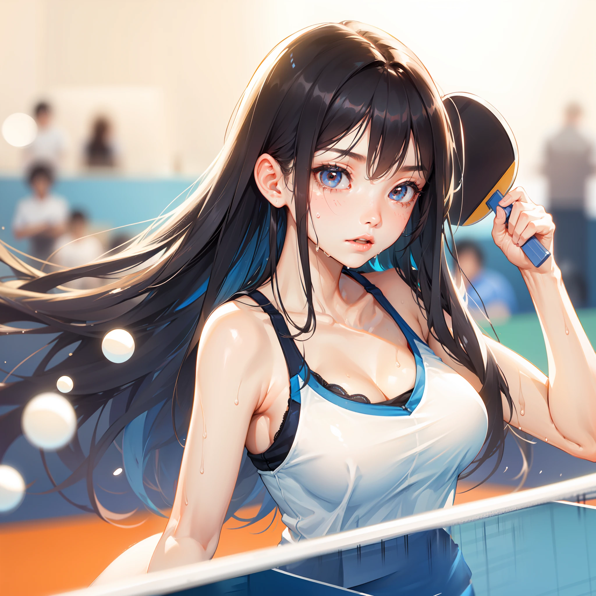 Female table tennis player,table tennis,Teenage girl,At the table tennis venue,Cinematic Light,Detailed beautiful face,Cute face,small head,Detailed eyes,detailed hairs,Large breasts,Narrow waist,nice legs,detailed realistic skin,Wet skin,Sweat,Sporty,Cool,Beautiful