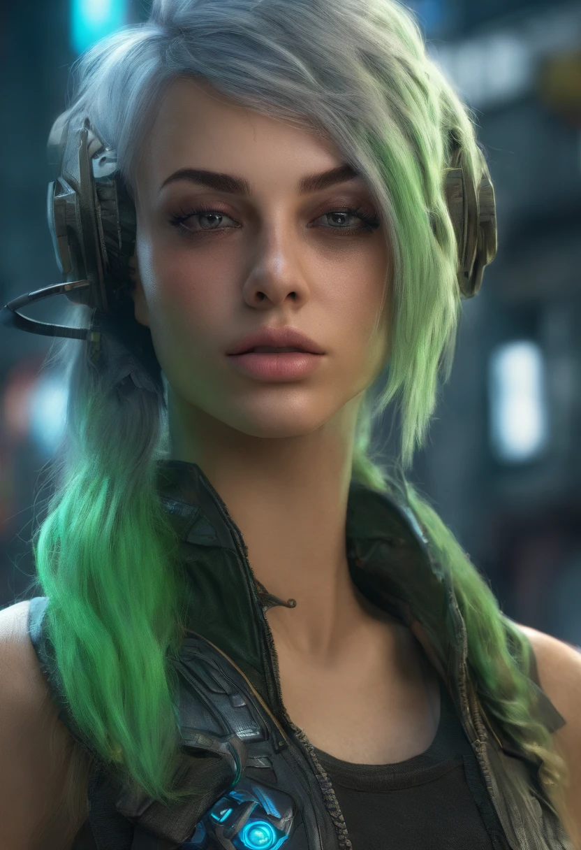 2090 image style, young woman, short hair, green hair with blue highlights, realistic style, cleavage, biomechanical style, sword in hand, smile on face, Cyberpunk girl, long straight hair, beautiful Latina, full body, hyper realistic, cinematic, HR Giger style, wonderful eyes