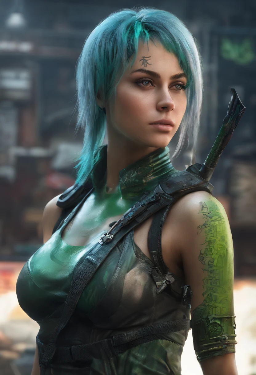 2090 image style, young woman, short hair, green hair with blue highlights, realistic style, cleavage, biomechanical style, sword in hand, smile on face, Cyberpunk girl, long straight hair, beautiful Latina, full body, hyper realistic, cinematic, HR Giger style, wonderful eyes