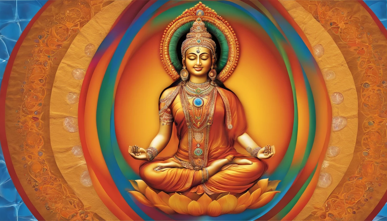 The image shows a person sitting in a lotus position, With her eyes closed and her hands on her legs. Ao redor da pessoa, There are seven colored circles, cada um representando um chakra. The root chakra is red, The sacral chakra is orange, The Solar Plexus Chakra is yellow, The heart chakra is green, The throat chakra is light blue, The forehead chakra is indigo blue and the crown chakra is violet. Each circle is associated with a symbol, which is shown in the center of the circle.