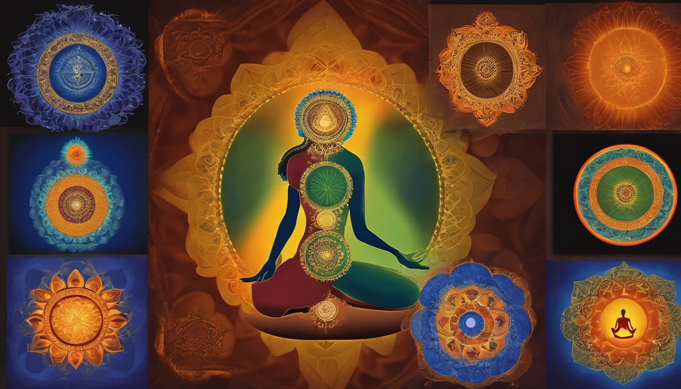 The image shows a person sitting in a lotus position, With her eyes closed and her hands on her legs. Ao redor da pessoa, There are seven colored circles, cada um representando um chakra. The root chakra is red, The sacral chakra is orange, The Solar Plexus Chakra is yellow, The heart chakra is green, The throat chakra is light blue, The forehead chakra is indigo blue and the crown chakra is violet. Each circle is associated with a symbol, which is shown in the center of the circle.