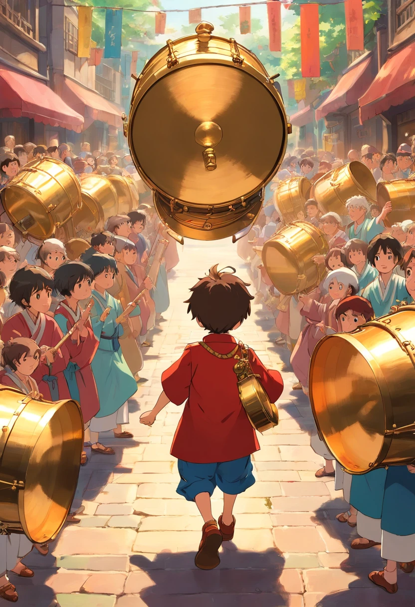 The followed the crowd to the scene of the brass drum performance,I saw dozens of copper drums on display,People hold drumsticks,Wear traditional clothing,Playing brass drums with passion。
