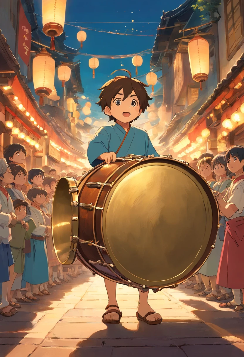 The  followed the crowd to the scene of the brass drum performance，I saw dozens of copper drums on display，People hold drumsticks，Wear traditional clothing，Playing brass drums with passion。