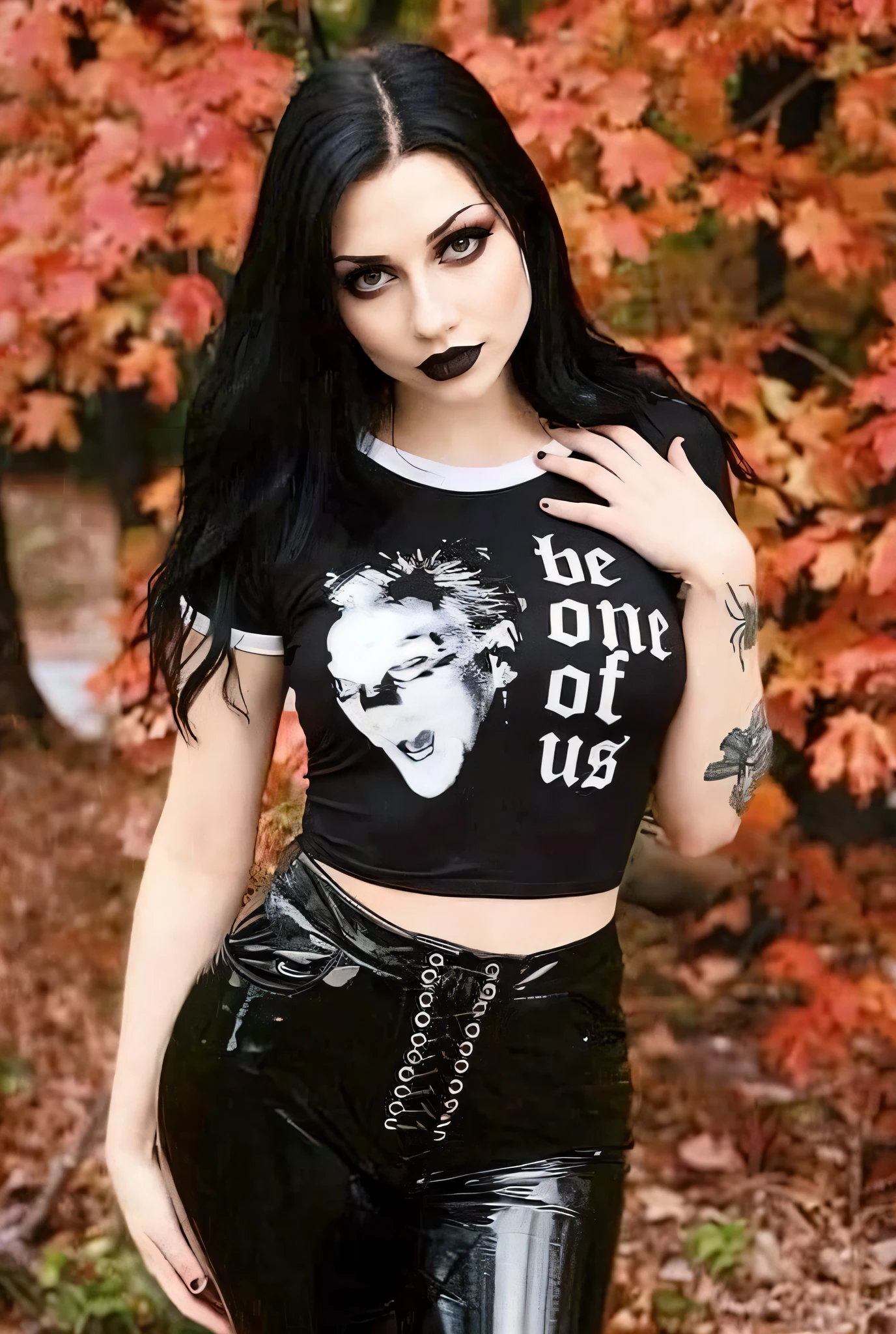 RAW photo, a cute woman in latex trousers, sensual pose, black lipstick, black t-shirt, beautiful breasts underneath the t-shirt (((long black hairstyle))),(high detailed skin:1.2),8k uhd, dslr, soft lighting, high quality, film grain, Fujifilm XT3,realhands,