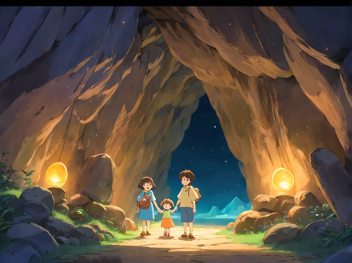 The moon is out，The cave emits a soft glow，This moment seems sacred and fantastic。A little boy and a little girl enter the cave nervously and excitedly。The interior of the cave is illuminated by light，It reveals a mysterious atmosphere。