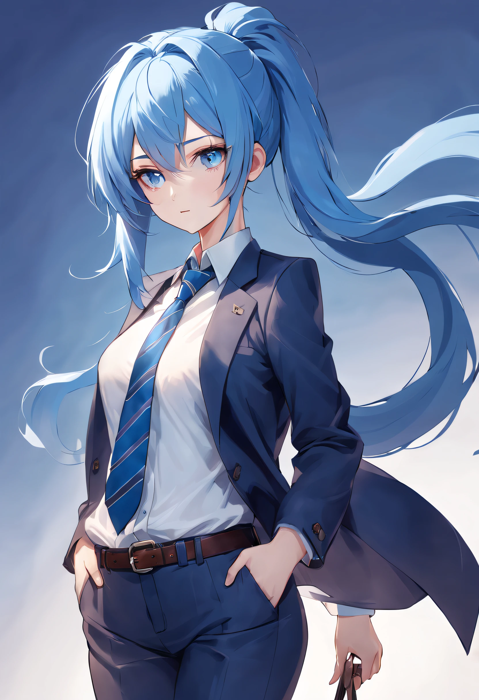 Modelshoot style, (the Extremely Detailed CG Unity 8K Wallpapers), Full shot body illustration of the most beautiful artwork in the world、Bright and saturated light blue hair、poneyTail、ember、Blue eyes on top and light blue on the bottom、Solid white shirt、Blue tie、Indigo jacket、Beardless、The belt for trousers is brown