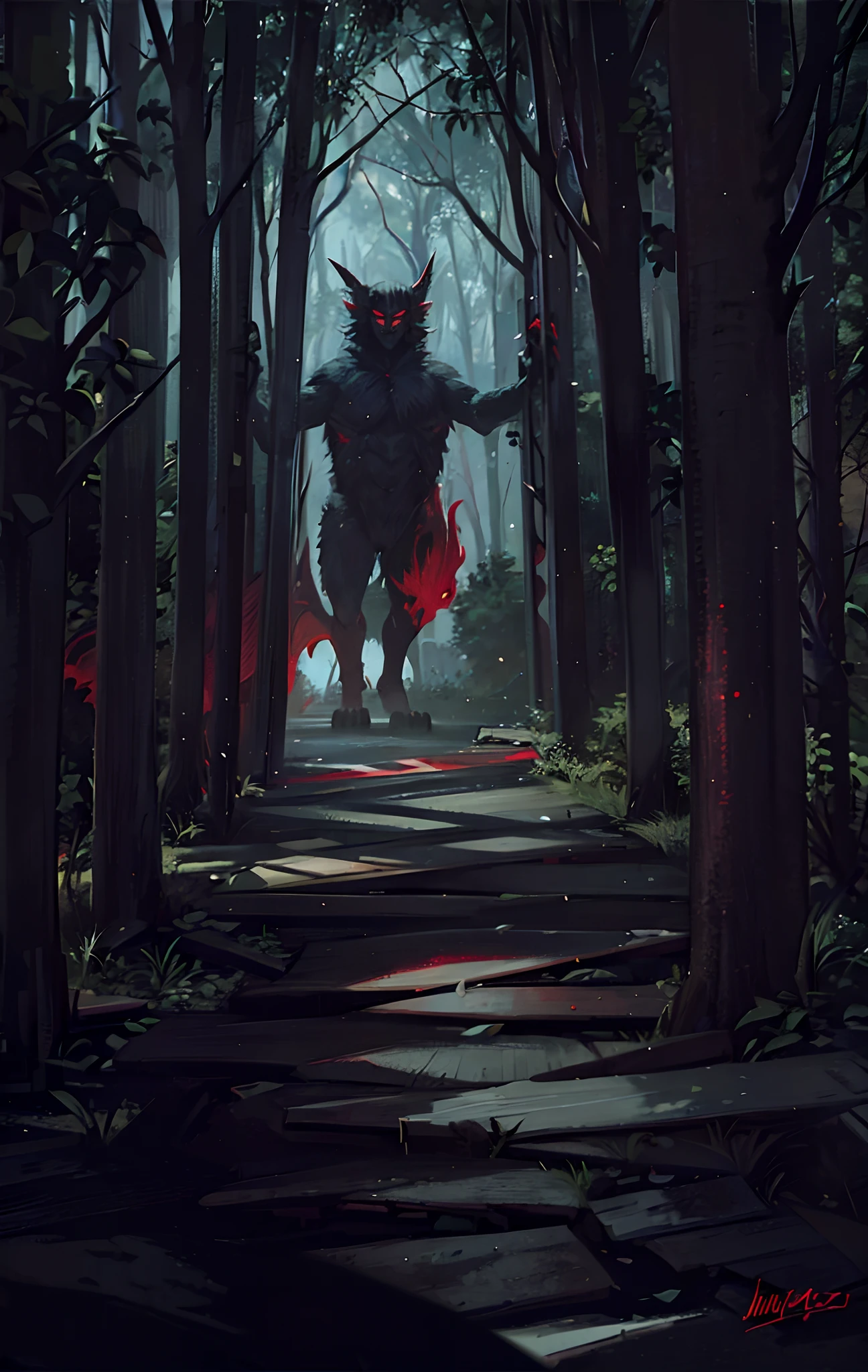 Big monster with red eyes and sharp claws in the woods