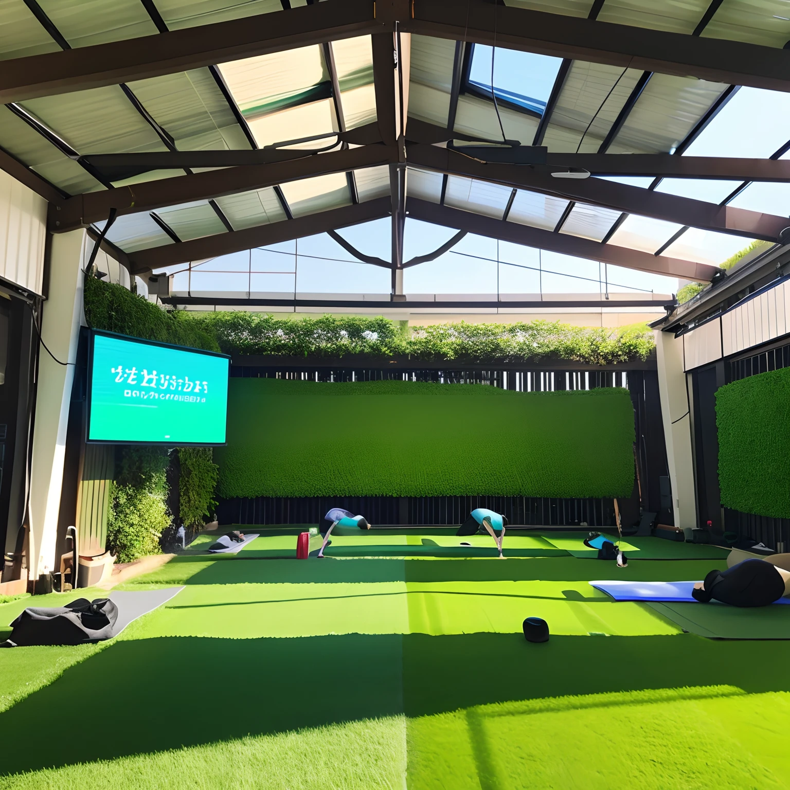 Yoga Classes、artificial grass、Large electronic signage up to the height eaves in the background、Sunlight shines in、There are eaves