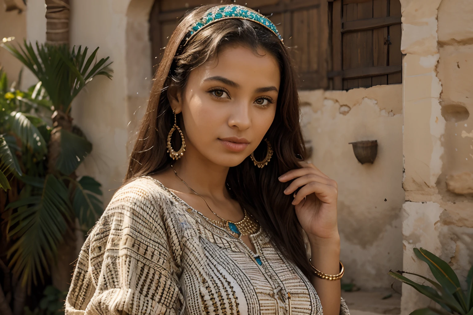 jeune femme d'origine nord africaine, marocaine, tenue traditionnelle magnifique avec accessoires, paysage oriental