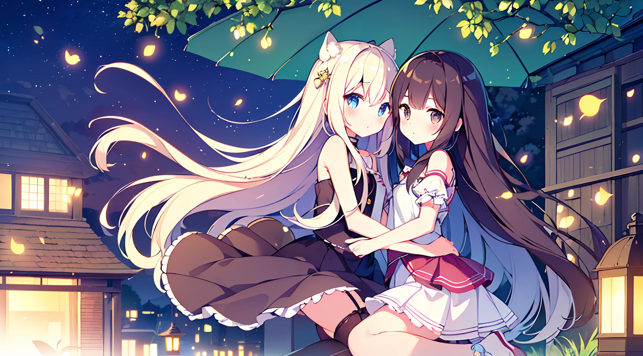 (High quality, 8k, original character), (Fact: 1.5), (Masterpiece, Best Quality, High Resolution: 1.2), Girl, Summer Night, (Stockings Smooth Texture: 1.5), Sexy Skirt, Delicate Eyes, Delicate Image, Face to each other, Moonlight, Breeze, Fireflies,yuri,petit,small,2 girls,roof top,