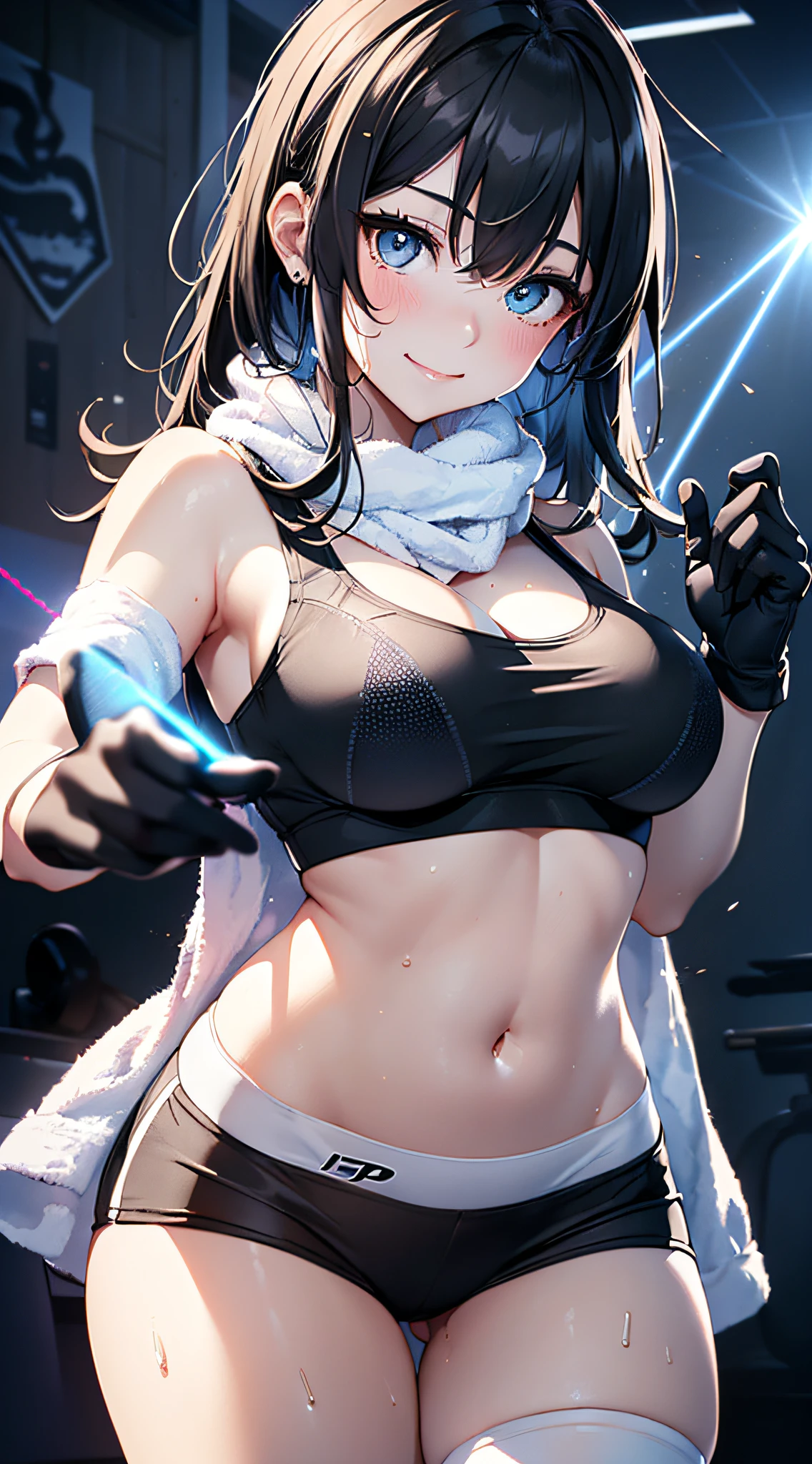 top-quality、Top image quality、masterpiece、girl with((cute little、18year old、Best Bust、Medium bust、Bust 85,Beautiful blue eyes、Breasts wide open,Long Black Hair、A slender、Middle knot、Black Sports Bra、White short skirt,Reflecting the whole body、Black perforated gloves、Sweating、A smile、Splattering sweat、Wrap a towel around your neck、Hold out a plastic bottle))hiquality、Beautiful Art、Background with((clubhouse、Blue lighting、Purple Laser Illumination、Red laser illumination,Yellow laser illumination,fitness club、natta、Virtual Worlds)),masutepiece、Elaborate design、visualart、depth of fields、The best lighting、highestdetailed、8k,Super delicate