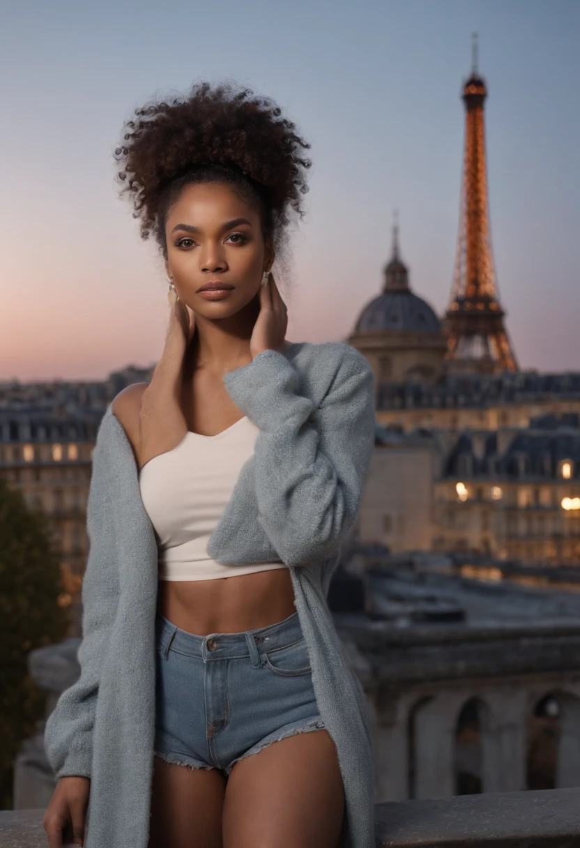 Beautiful dark light-skinned woman in Paris behind the tapered tower at night with a long frizzy afro hairstyle, Front photo of the influencer looking left with her hands crossed and bent in front of her, Almost no emotion. Watch directly on camera. Arms are crossed in the front round rib cage,Leggings unis noir, Setting up In the manufacturing office (with a hot press)
