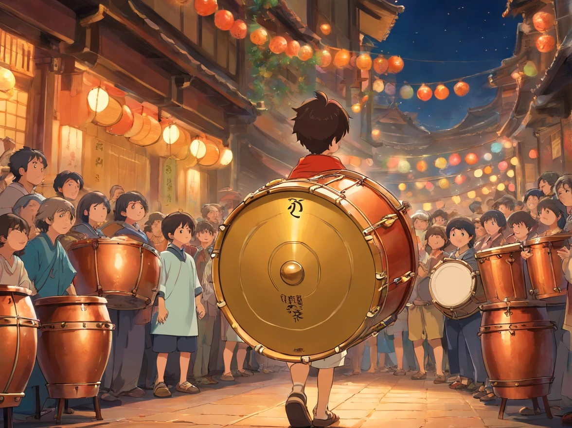 The little boy followed the crowd to the scene of the brass drum performance,I saw dozens of copper drums on display,People hold drumsticks,Wear traditional clothing,Playing brass drums with passion。