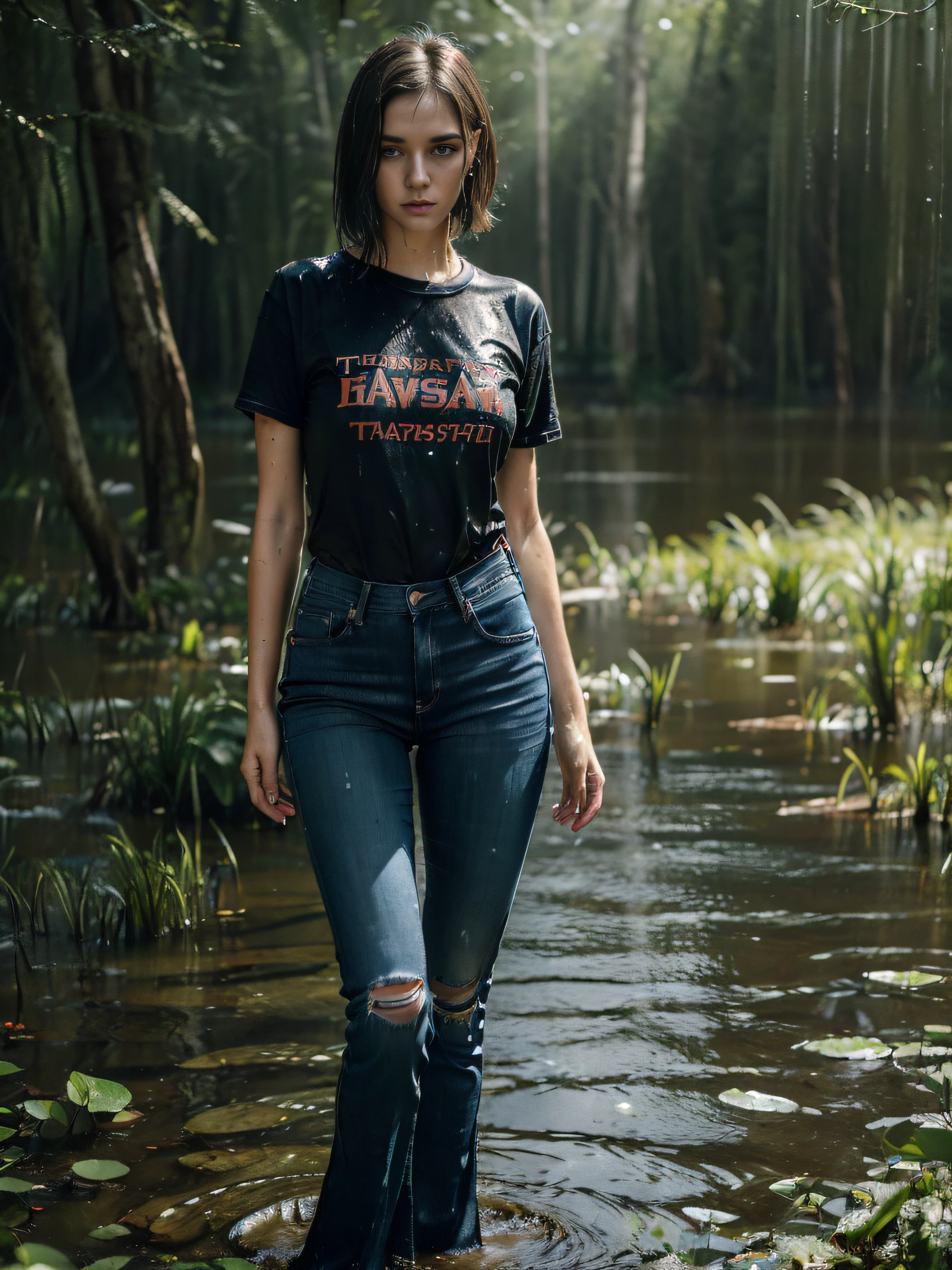 (Pitch darkness:1.4), In the dead of night in the swamp, Mature woman in jeans and T-shirt drowning in a swamp. her pale, An elongated face reflects excitement and anticipation. She indulges in her shameful fetish. With bated breath, She plunges into the swamp up to her waist. Darkness and fog surround it on all sides, Creating an even greater mystery. Her emotional stress from the situation is clearly visible, She's embarrassed, that she is being watched, which only enhances the emotional coloring of what is happening..