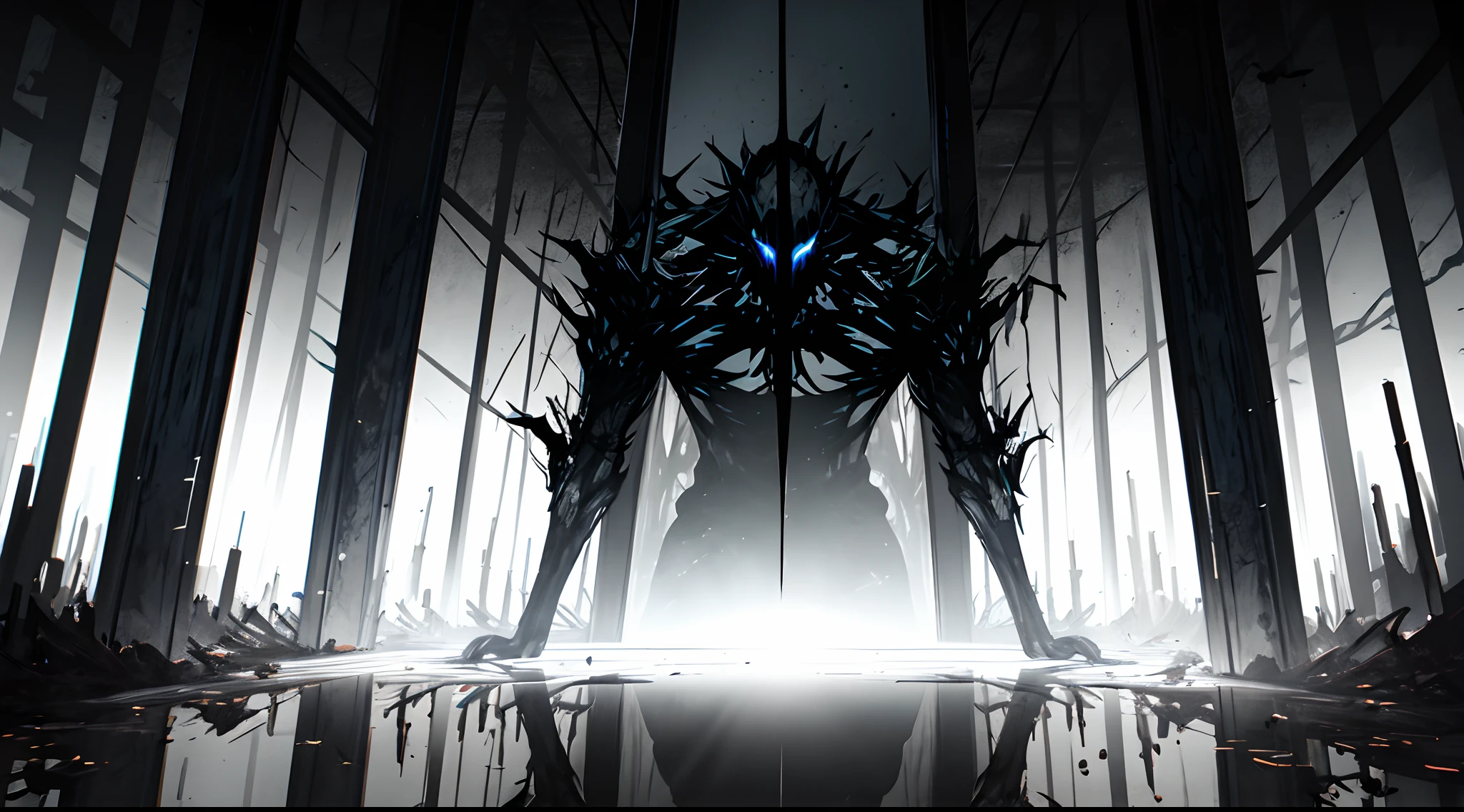 A dark illustration showing a human figure in the dark, shadows stretching out behind it, the person is looking into a broken mirror, his reflection showing a monstrous version of himself, glow effect, hyperdetailed