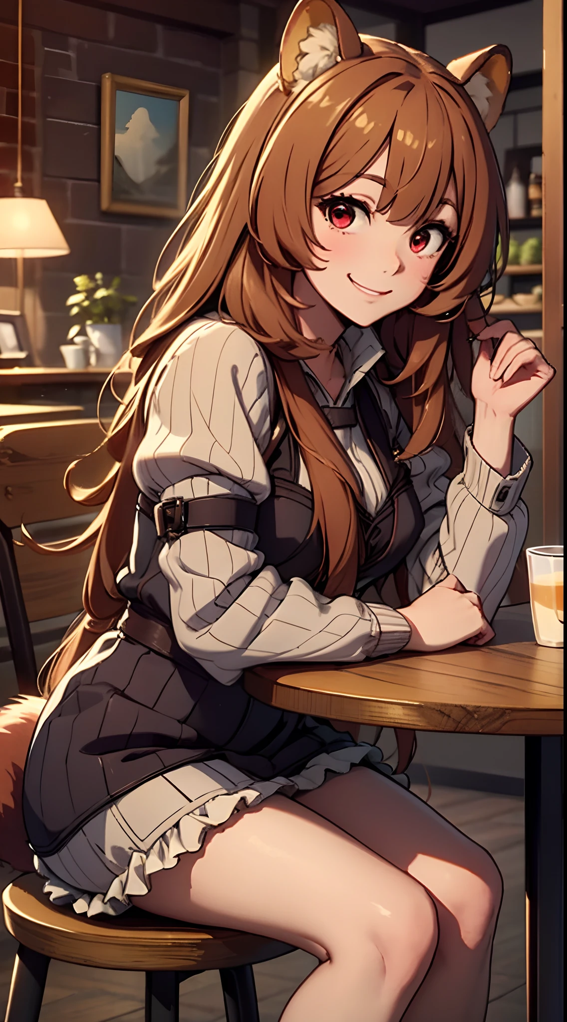 Raphtalia, ((masterpiece, best quality)), young, cute, adorable, 1girl, solo, long hair, looking at viewer, brown hair, red eyes, animal ears, fluff, raccoon girl, racoon tail, looking happy, happy face expression, indoors, at the cafe, sitting on stool, at the table, highest quality, high resolution.