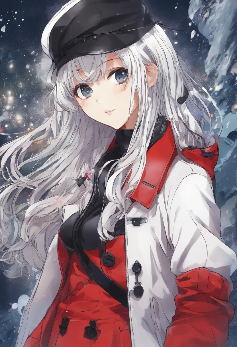 white color hair，Red trench coat，Black leather boots，Girl with black gloves