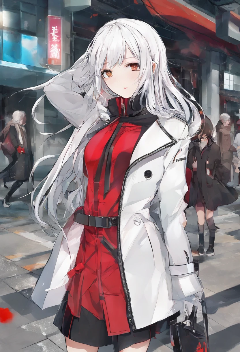 white color hair,Red trench coat,Black leather boots,Girl with black gloves