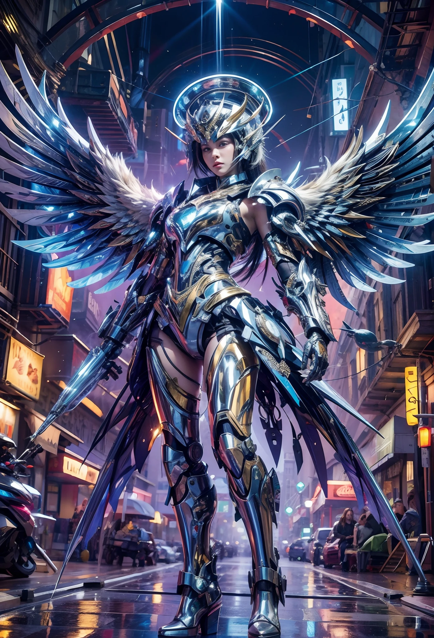 (best quality,4k,8k,highres,masterpiece:1.2),ultra-detailed, gorgeous woman,cute woman,(beautiful,extremely detailed:1.1) eyes,(beautiful,extremely detailed:1.1) lips,simple armor,angelic neon wings,shining halo,vibrant colors,soft light,portrait,sharp focus,smooth skin,long flowing hair,dainty features,confident pose,heavenly background,fantasy setting