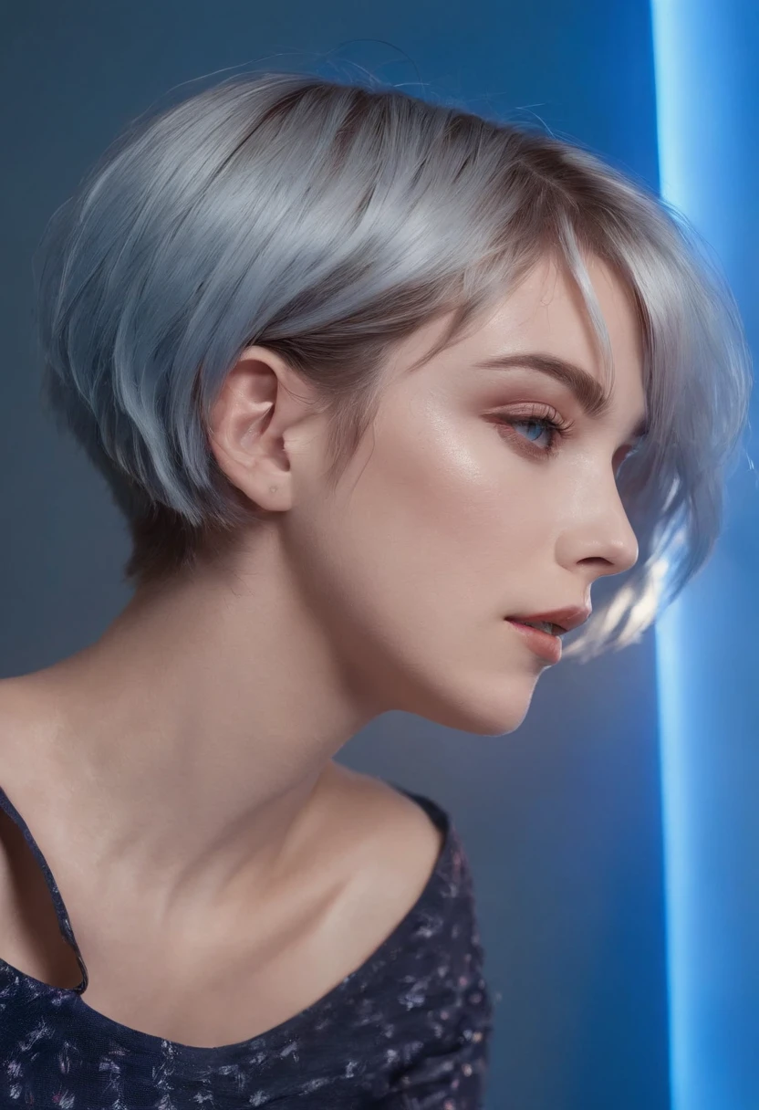 90s style short haired woman, on her back in her bedroom, side blue lighting, projected shadows, plants and bed in the background, close up shot, bokeh style, high quality photo,upper body