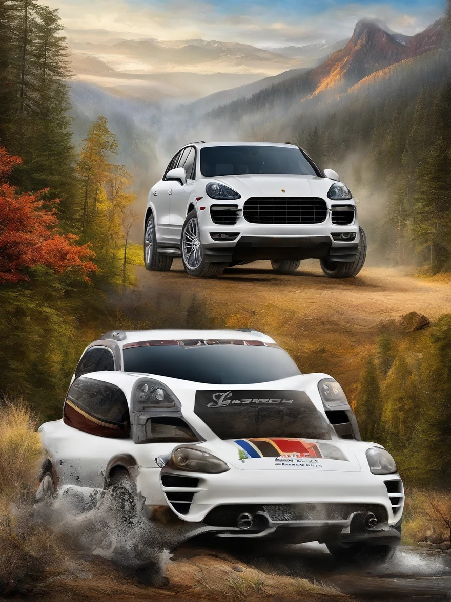 Best quality, painting of a (White 2022 Porsche Cayenne), and Blueridge mountain scene with a river and trees, car centered Masterpiece, 超高分辨率, (photograph realistic:1.4), surrealism, Dream-like,fusionart, Shadowdancer, shadow magic,Dilapidated castle in the background