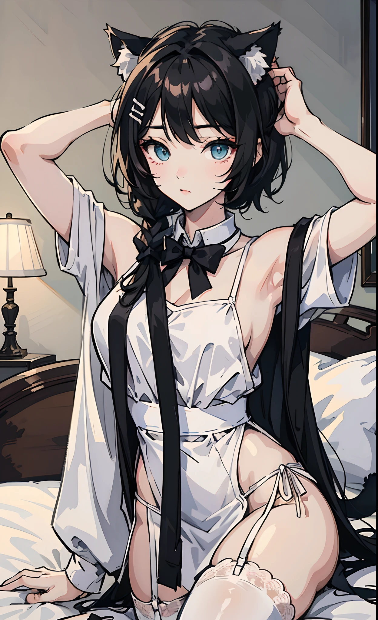 Short black hair，cat ear。Manga Girl。Tie your hair in bed，Just woke up。Wear a white suspender，Expose sexy。