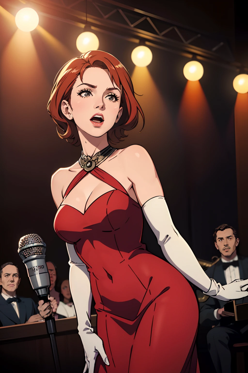 (best quality,4k,8k,highres,masterpiece:1.2),ultra-detailed,(realistic,photorealistic,photo-realistic:1.37), vibrant colors, stage spotlight, vintage microphone, elegant hair, graceful pose, dynamic atmosphere, stylish interior, classic jazz era vibes, captivating performance, soulful expression, animated jazz band, rhythmic music, passionate singing, microphone stand, energetic crowd, glamorous ambiance, seamless visual composition, enchanting red lighting, annette_student, in a red dress, long white elbow gloves, holding old 1920s microphone, jazz club background, singing