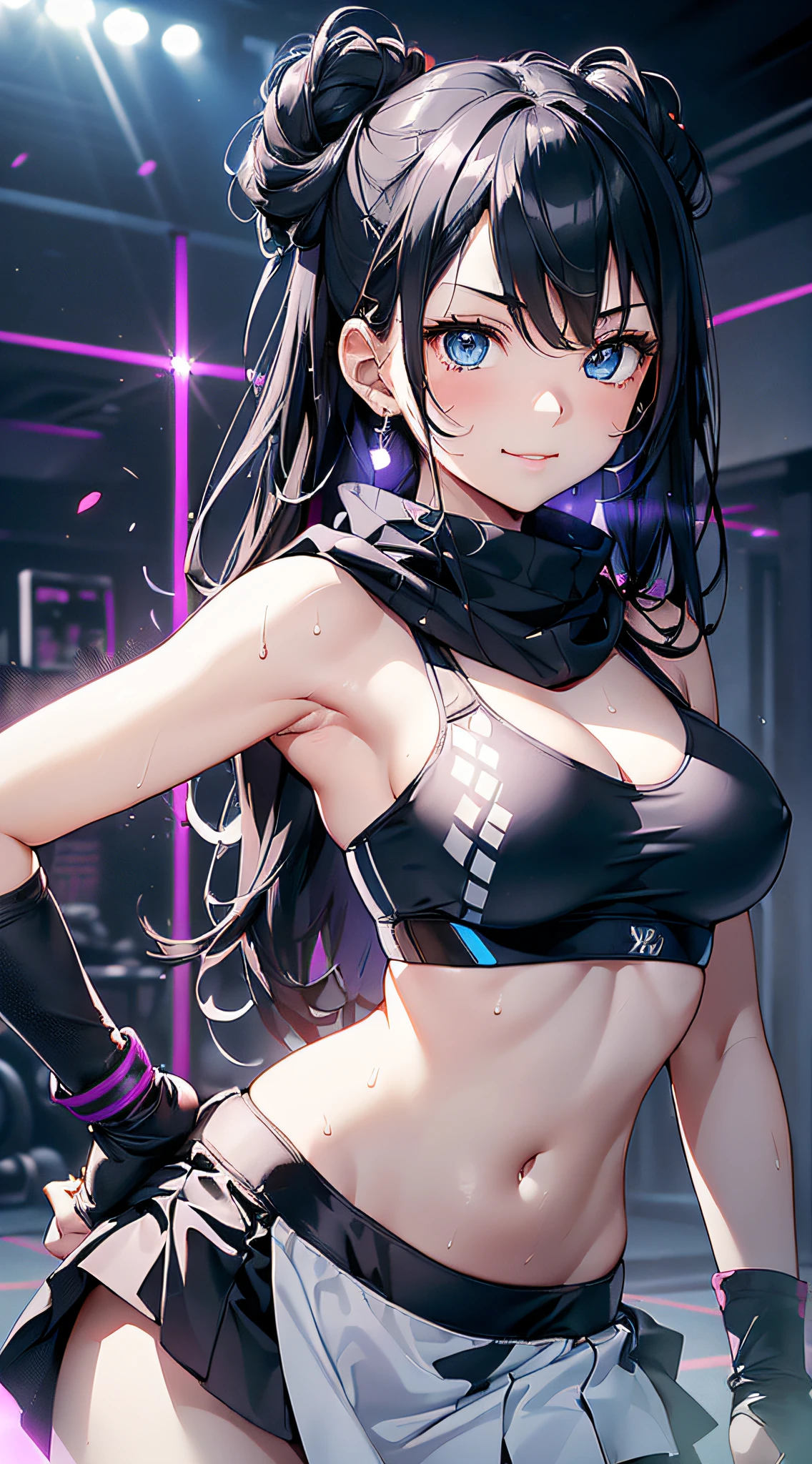 top-quality、Top image quality、masterpiece、girl with((cute little、18year old、Best Bust、Medium bust、Bust 85,Beautiful blue eyes、Breasts wide open,Long Black Hair、A slender、Middle knot、Black Sports Bra、White short skirt,Reflecting the whole body、Black perforated gloves、Sweating、A smile、Splattering sweat、Wrap a towel around your neck、Offering a sports drink))hiquality、Beautiful Art、Background with((clubhouse、Blue lighting、Purple Laser Illumination、Red laser illumination,Yellow laser illumination,fitness club、natta、Virtual Worlds)),masutepiece、Elaborate design、visualart、depth of fields、The best lighting、highestdetailed、8k,Super delicate