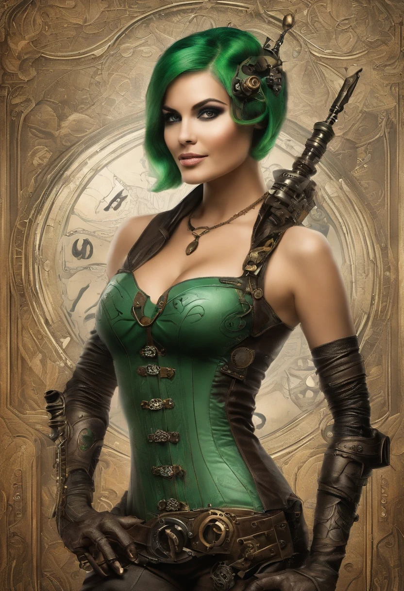 2090 image style, young woman, short hair, green hair with blue highlights, realistic style, cleavage, biomechanical style, sword in hand, smile on face, Cyberpunk girl, long straight hair, beautiful Latina, full body, hyper realistic, cinematic, HR Giger style, wonderful eyes