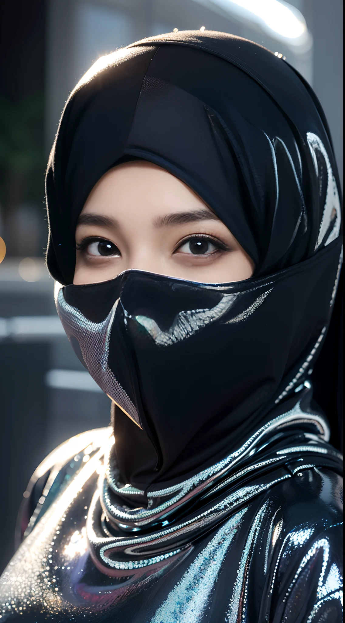 moslem woman in hijab, mouth mask cover, gothic eyes mascara, glowing shiny face, air bubbles, amongst cloud photography, close up, photorealistic, hyperrealism, professional photography, DSLR, HDR, holographic emerging from 2D to 3D