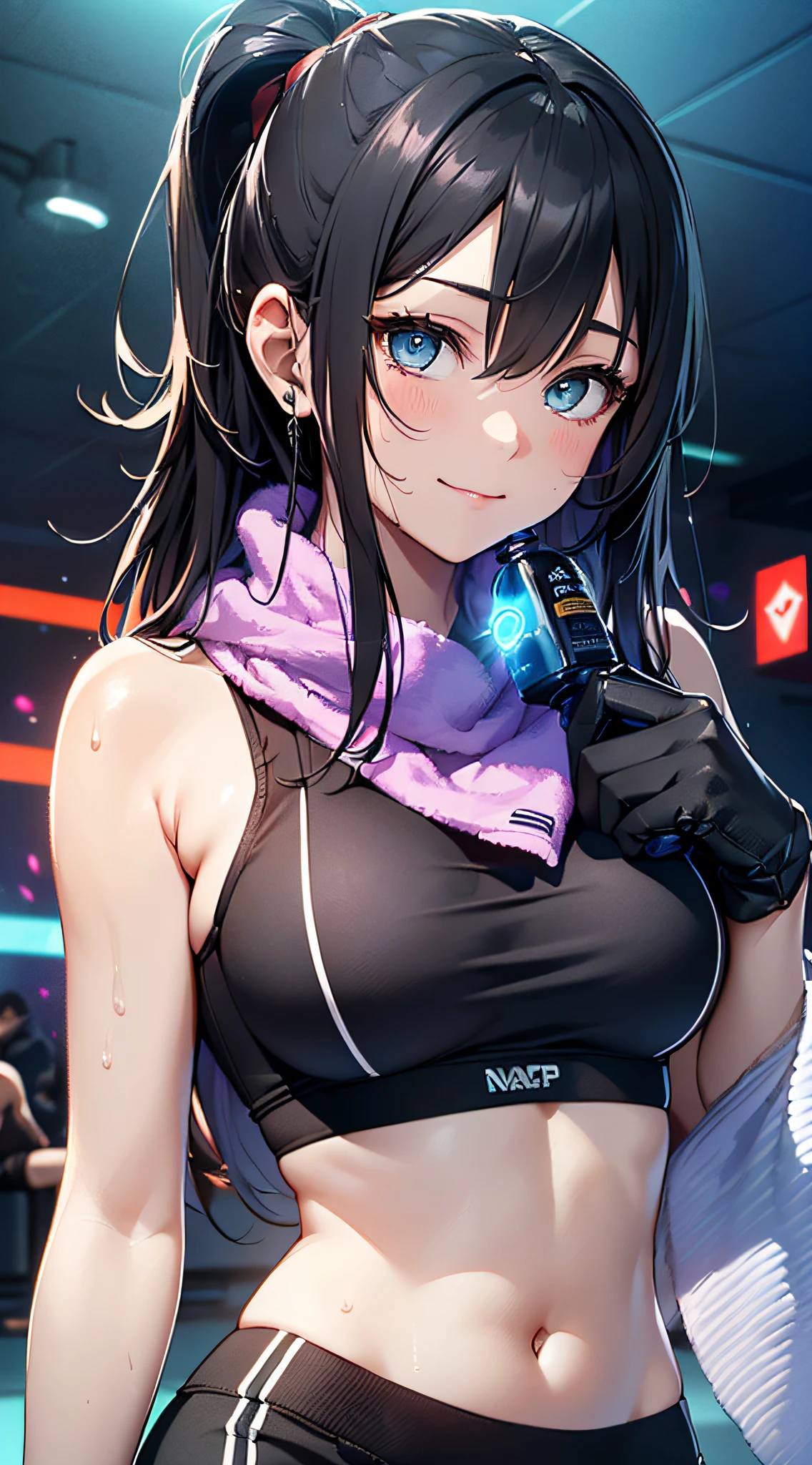 top-quality、Top image quality、masterpiece、girl with((cute little、18year old、Best Bust、Medium bust、Bust 85,Beautiful blue eyes、Breasts wide open,Long Black Hair、A slender、Middle knot、Black Sports Bra、White short skirt,Reflecting the whole body、Black perforated gloves、Sweating、A smile、Splattering sweat、Wrap a towel around your neck、Offering a sports drink))hiquality、Beautiful Art、Background with((clubhouse、Blue lighting、Purple Laser Illumination、Red laser illumination,Yellow laser illumination,fitness club、natta、Virtual Worlds)),masutepiece、Elaborate design、visualart、depth of fields、The best lighting、highestdetailed、8k,Super delicate