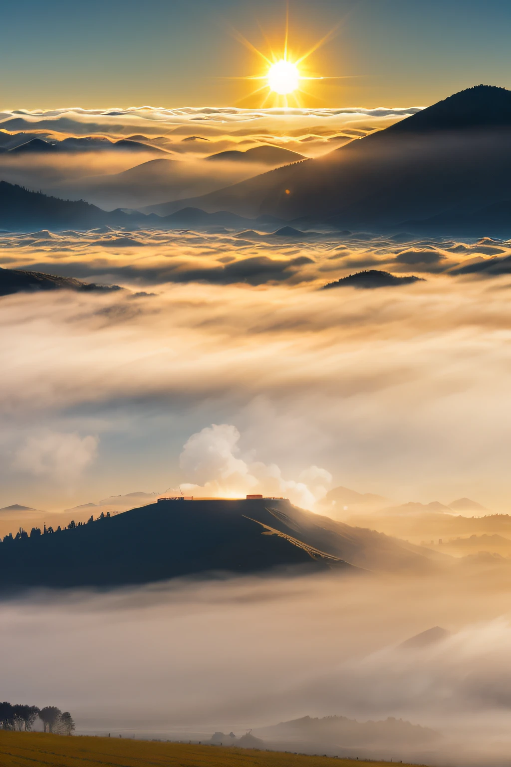 gigantic sun,sunny clear sky,Heavy fog,fog atmosphere,Tano,field,rios,Mountains