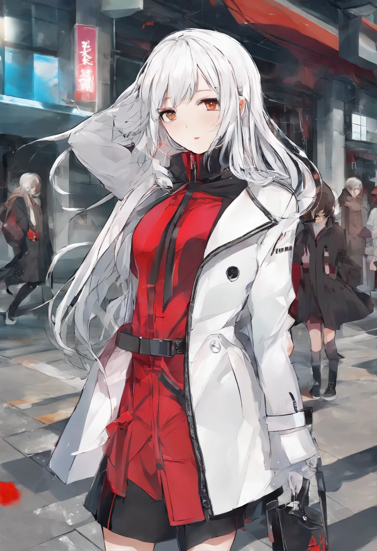 white color hair，Red trench coat，Black leather boots，Girl with black gloves
