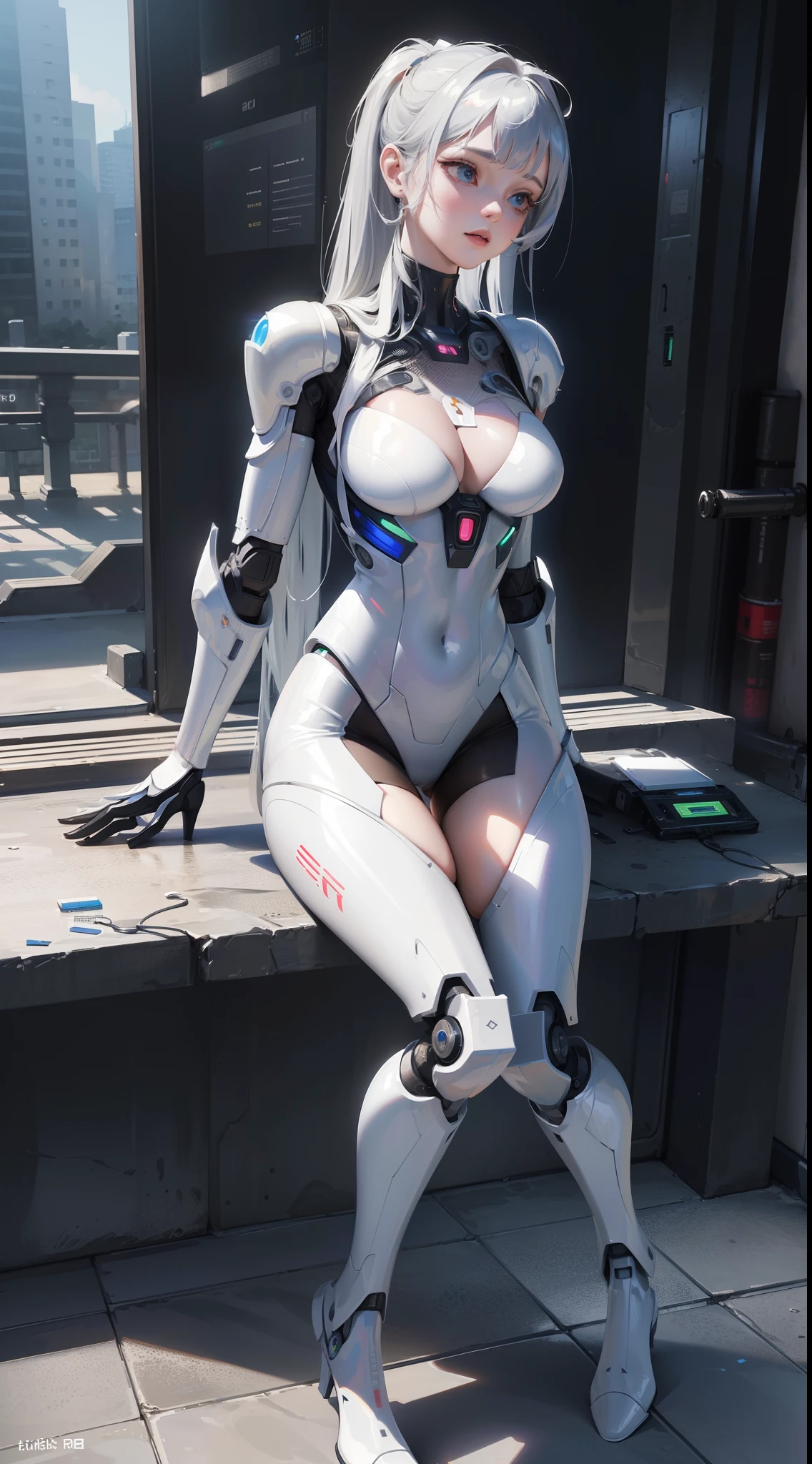 Complex 3d rendering beautiful porcelain profile ultra detailed female android face, cyborg, robot parts, 150mm, beautiful studio soft lights, rim lights, vivid details, gorgeous cyberpunk, lace, surrealistic, anatomical, facial muscles, cable wires, microchip, elegant, beautiful background, octane rendering, HR giger style , 8k, top quality, masterpiece, illustration, very delicate and beautiful, highly detailed, cg, unity, wallpaper, (realistic, photorealistic: 1.37), amazing, fine details, masterpiece, best quality, official art, highly detailed cg unity 8k wallpaper, absurd, incredibly absurd、、、 robot, silver halmet, full body, sit