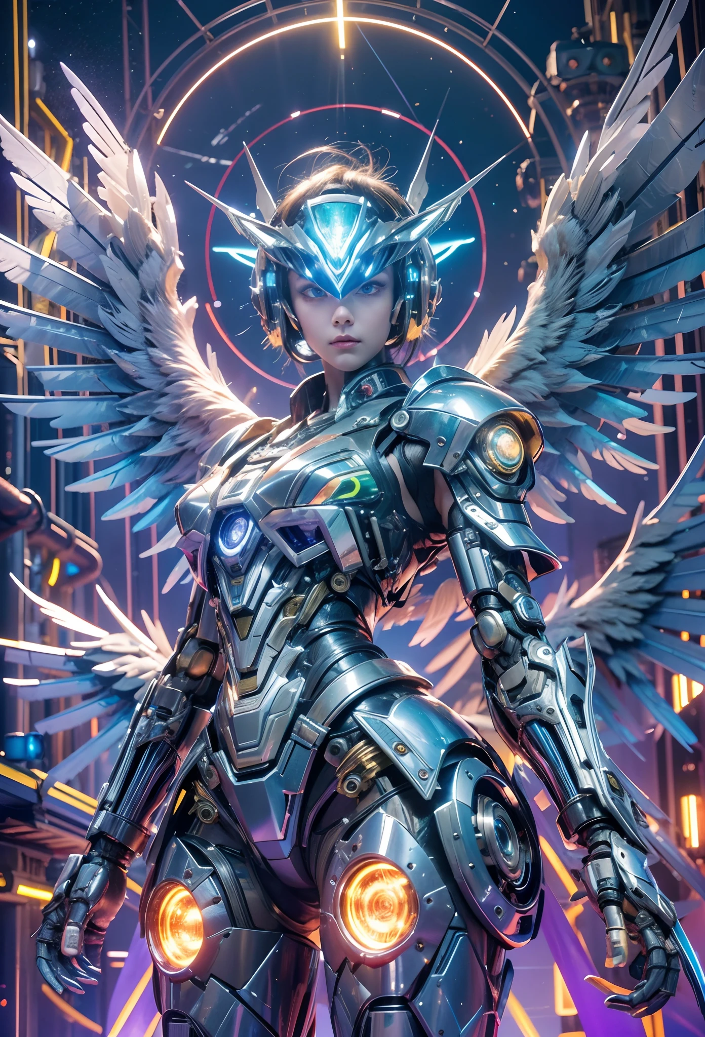 (Best quality, 8K, A high resolution, tmasterpiece:1.2), (Ultra-detailed), (anthropomorphic turtle),(Cybertron futuristic mechanical female bald eagle), (Battle Angel ta),full bodyesbian, dreamy glow,luminous neon lights,High-tech mechanical parts,Metal claws and wings,Metal heads and pecks,Metal feathers,Extremely cool,Metal legs,Bionic eye,Detailed feather design,sharp beak,hovers in mid-air,Electric blue and bright purple,Vivid glowing eyes,Reflective metal surface,Interlocking mechanical gears,Dynamic and stylish design,motion blur effect,meticulous craftsmanship,Sci-fi atmosphere,Streamlined aerodynamic shape,Laser scanning pattern,holographic projections,Light-emitting circuit lines,hauntingly beautiful,Otherworldly precision,Advanced sensors,Complex algorithms,Ominous and mysterious atmosphere,electric sparks,Shiny chrome plating,Futuristic propulsion system,独奏,Medium shot,concept-art, Fantasy theme,voluminetric lighting, Global illumination, Reflection, hyper HD,The light is bright,RGB colors,vibrant with colors, Mecha musume,McCorg gear