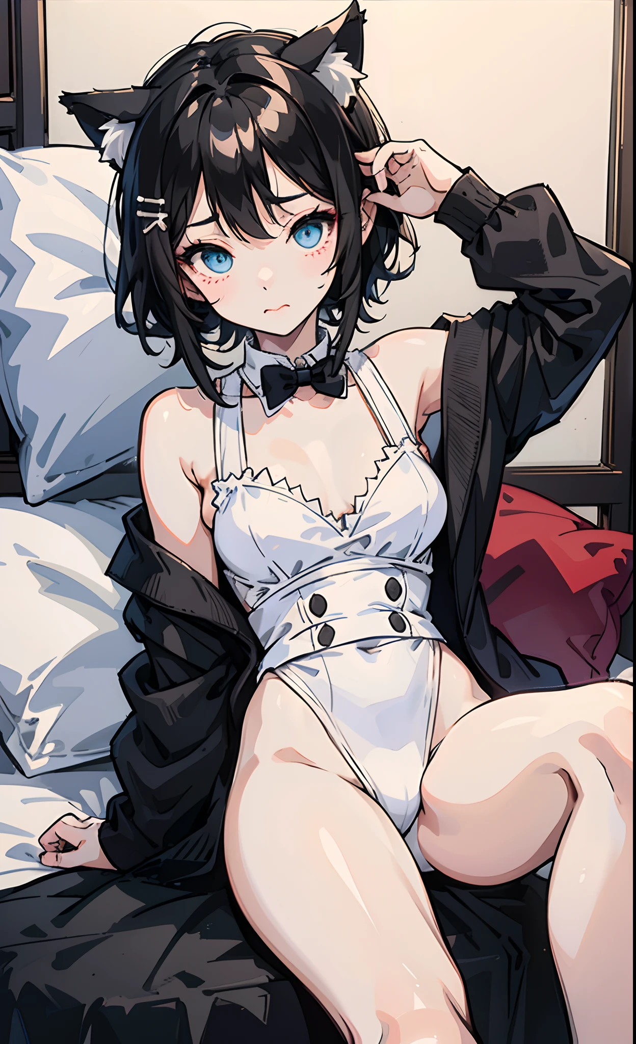 Short black hair，cat ear。manga girl。Tie your hair in bed，The appearance of just waking up。Wear a white suspender，Expose sexy。