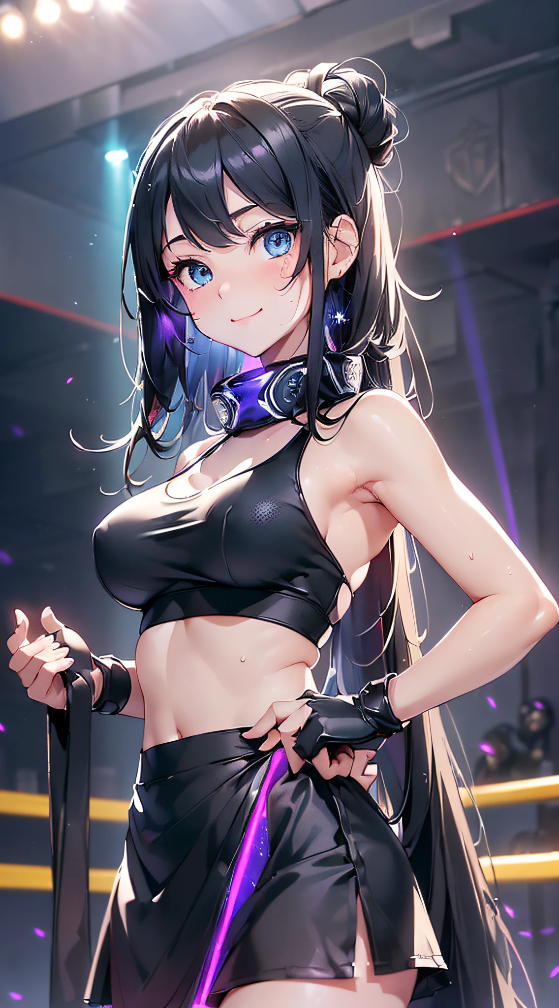 top-quality、Top image quality、​masterpiece、girl with((cute little、18year old、Best Bust、Medium bust、Bust 85,Beautiful blue eyes、Breasts wide open,Long Black Hair、A slender、Middle knot、Black Sports Bra、White short skirt,Reflecting the whole body、Black perforated gloves、Sweating、A smile、Splattering sweat、Wrap a towel around your neck、Hold out your hands、winc)）hiquality、Beautiful Art、Background with((clubhouse、Blue lighting、Purple Laser Illumination、Red laser illumination,Yellow laser illumination,fitness club、natta、Virtual Worlds)),masutepiece、Elaborate design、visualart、depth of fields、The best lighting、highestdetailed、8ｋ,Super delicate