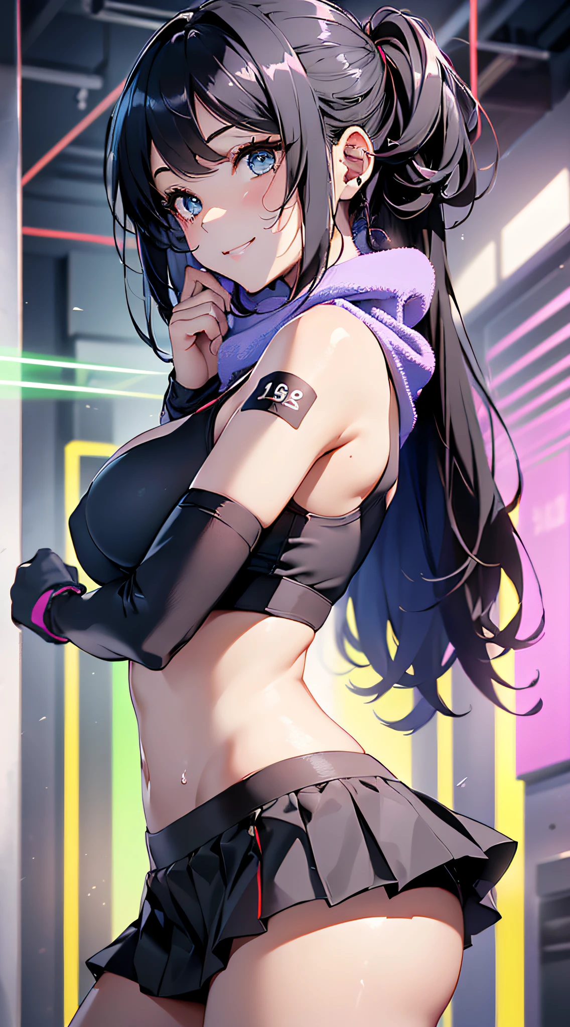 top-quality、Top image quality、masterpiece、girl with((cute little、18year old、Best Bust、Medium bust、Bust 85,Beautiful blue eyes、Breasts wide open,Long Black Hair、A slender、Middle knot、Black Sports Bra、White short skirt,Reflecting the whole body、Black perforated gloves、Sweating、A smile、Splattering sweat、Wrap a towel around your neck、Hold out your hands、winc))hiquality、Beautiful Art、Background with((clubhouse、Blue lighting、Purple Laser Illumination、Red laser illumination,Yellow laser illumination,fitness club、natta、Virtual Worlds)),masutepiece、Elaborate design、visualart、depth of fields、The best lighting、highestdetailed、8k,Super delicate