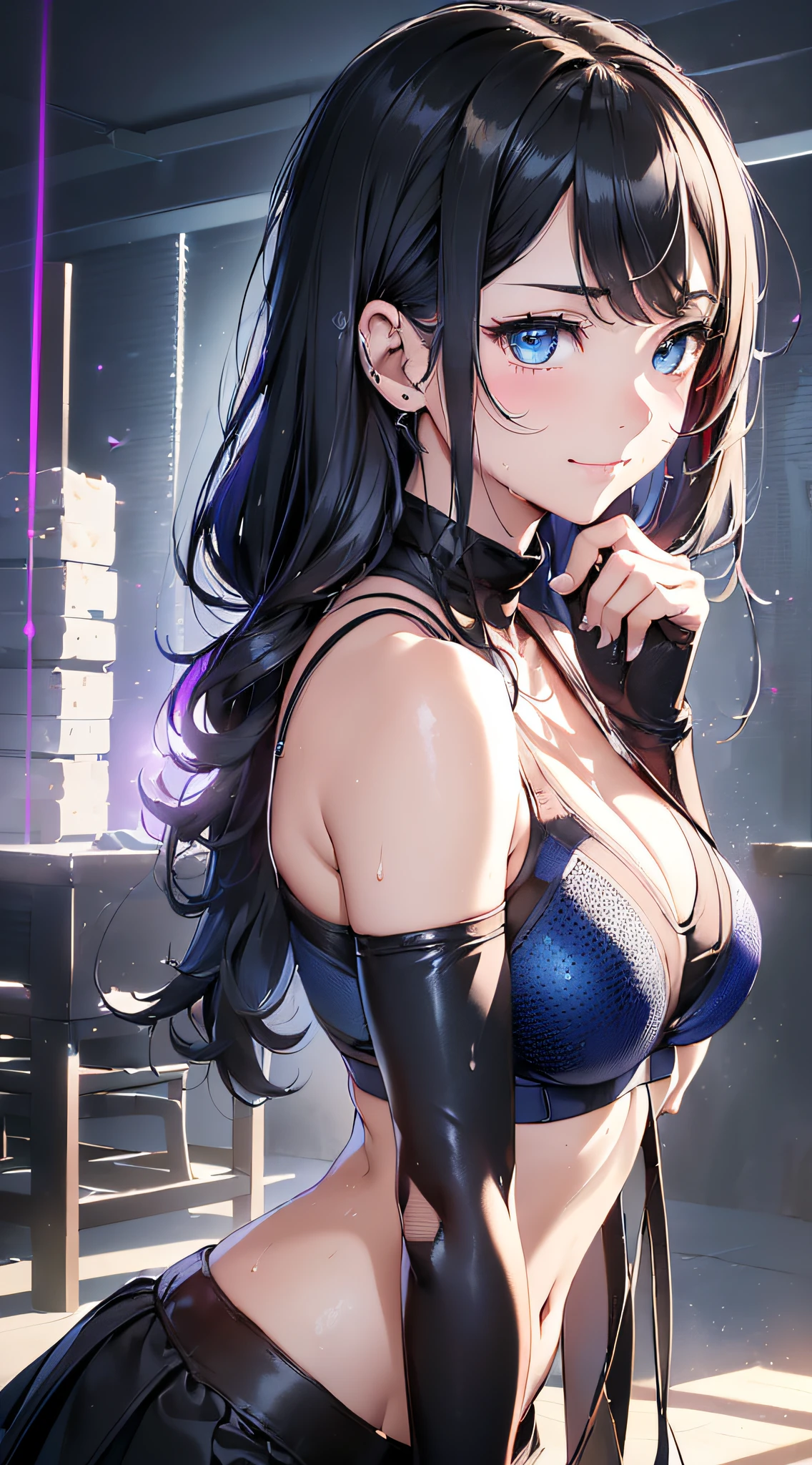 top-quality、Top image quality、masterpiece、girl with((cute little、18year old、Best Bust、Medium bust、Bust 85,Beautiful blue eyes、Breasts wide open,Long Black Hair、A slender、Middle knot、Black Sports Bra、White short skirt,Reflecting the whole body、Black perforated gloves、Sweating、A smile、Splattering sweat、Wrap a towel around your neck、Hold out your hands、winc))hiquality、Beautiful Art、Background with((clubhouse、Blue lighting、Purple Laser Illumination、Red laser illumination,Yellow laser illumination,fitness club、natta、Virtual Worlds)),masutepiece、Elaborate design、visualart、depth of fields、The best lighting、highestdetailed、8k,Super delicate